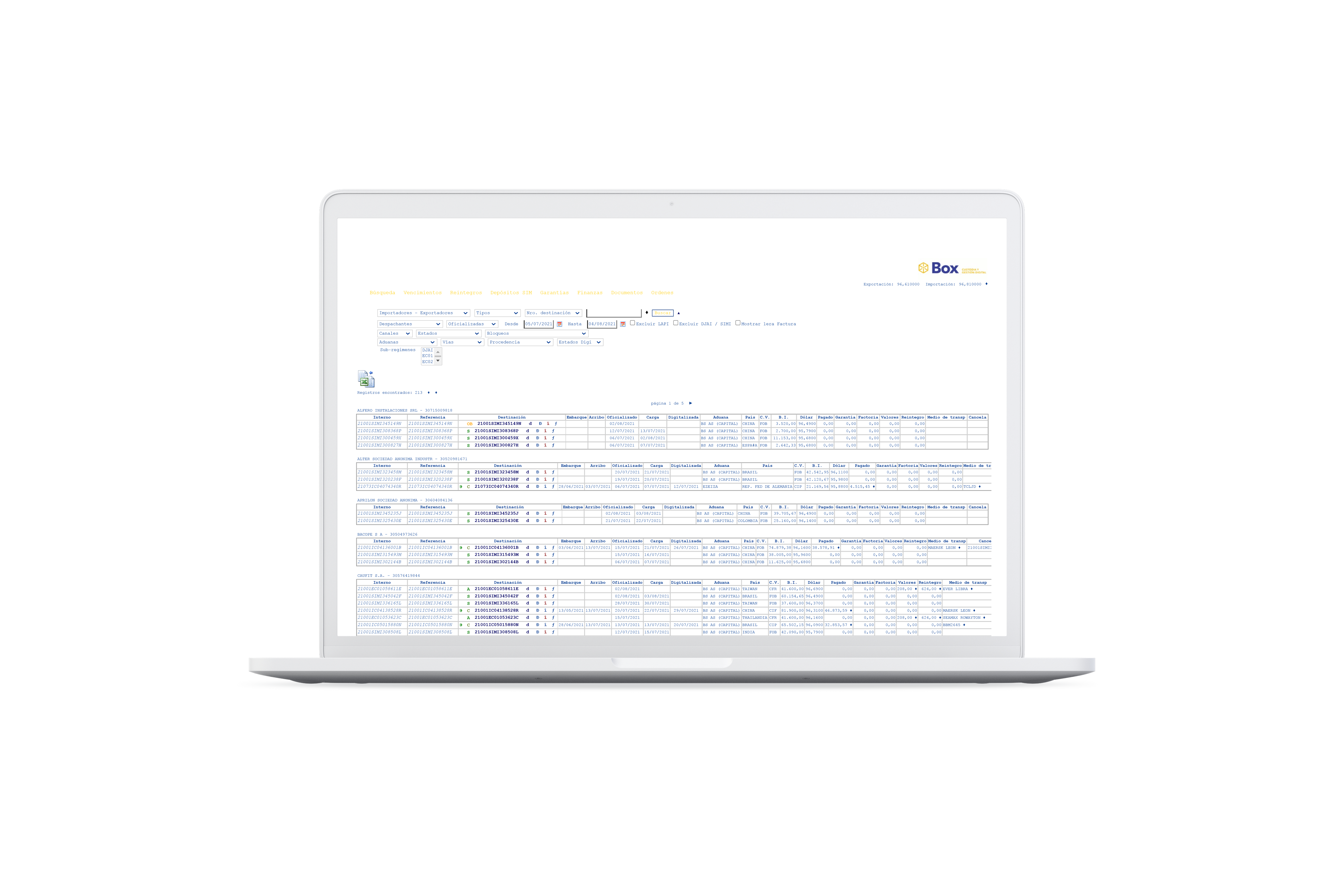 Plataforma COMEX de Box custodia en una notebook