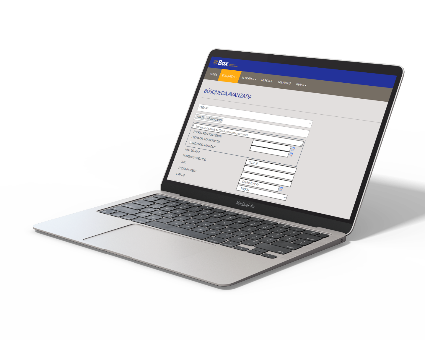 Pantalla de búsqueda avanzada del software de Box en una notebook